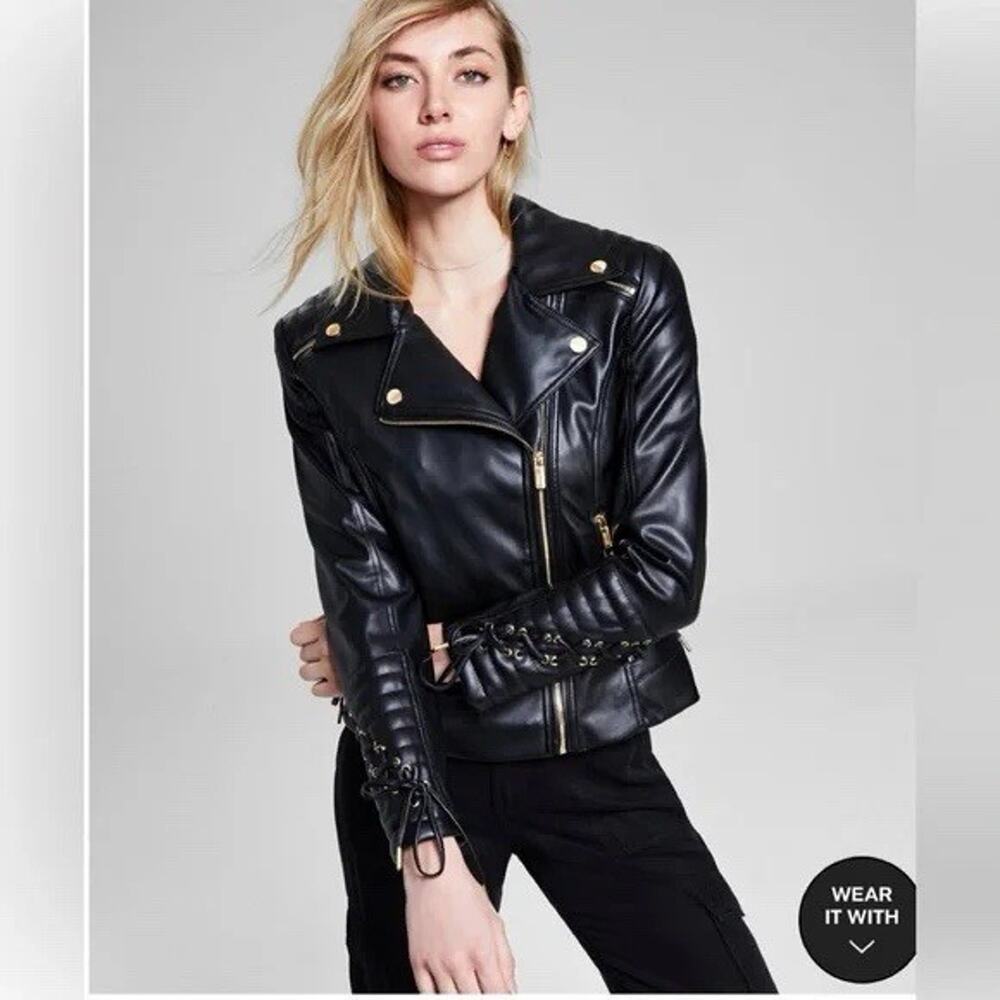 GUESS Faux Leather Moto Jacket Black Sexy 14 XL 0X Quilted Corset